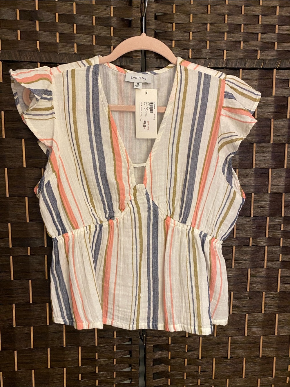 Evereve Calla Striped Gauze Flutter Top - Size Medium - 100% Cotton